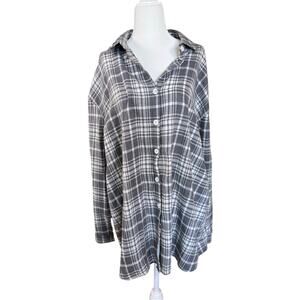 Gray Plaid Oversized Button Up Shirt Women’s XL Flannel Casual